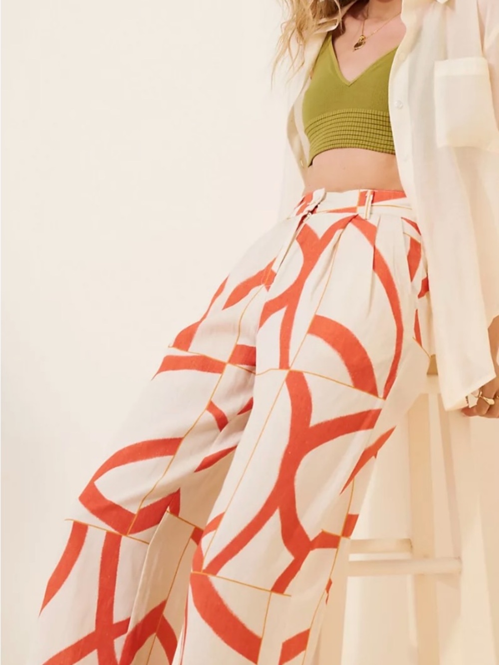 Wide-Leg Printed Linen Pants in Cream and Coral